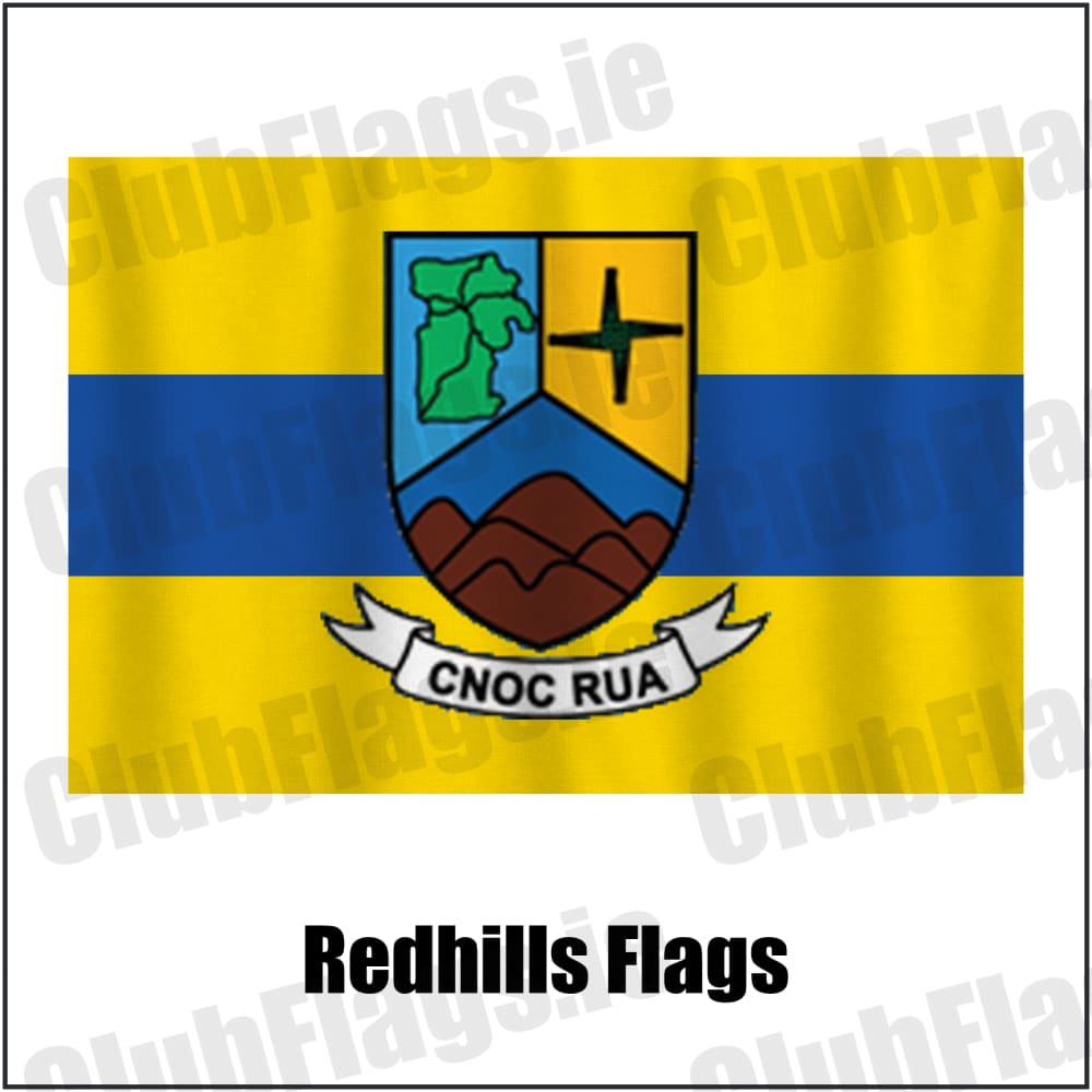 Redhills Flags in yellow and blue, featuring the club crest on realistic fabric with gentle vertical folds; County Cavan GAA. ClubFlags.ie.