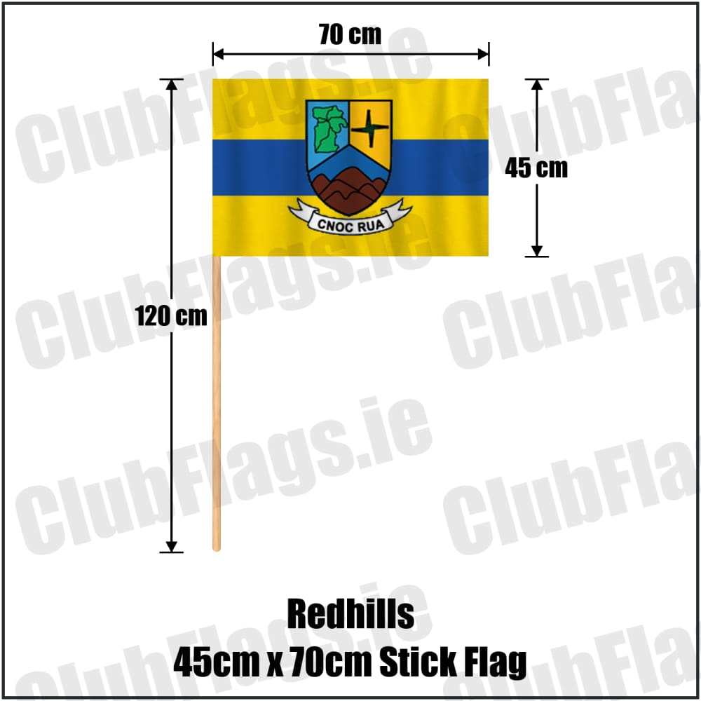 Redhills 45cm x 70cm Stick Flag in yellow and blue, featuring the club crest on realistic fabric with gentle vertical folds; County Cavan GAA. ClubFlags.ie.