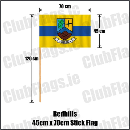 Redhills 45cm x 70cm Stick Flag in yellow and blue, featuring the club crest on realistic fabric with gentle vertical folds; County Cavan GAA. ClubFlags.ie.