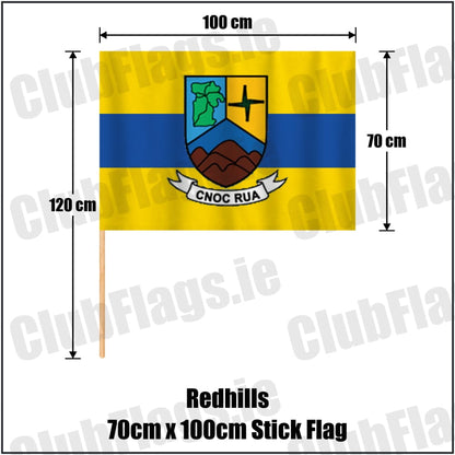Redhills 70cm x 100cm Stick Flag in yellow and blue, featuring the club crest on realistic fabric with gentle vertical folds; County Cavan GAA. ClubFlags.ie.