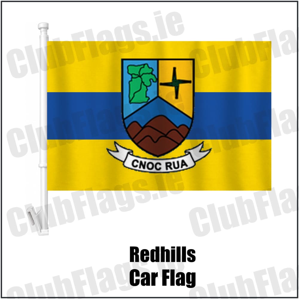 Redhills Car Flag in yellow and blue, featuring the club crest on realistic fabric with gentle vertical folds; County Cavan GAA. ClubFlags.ie.