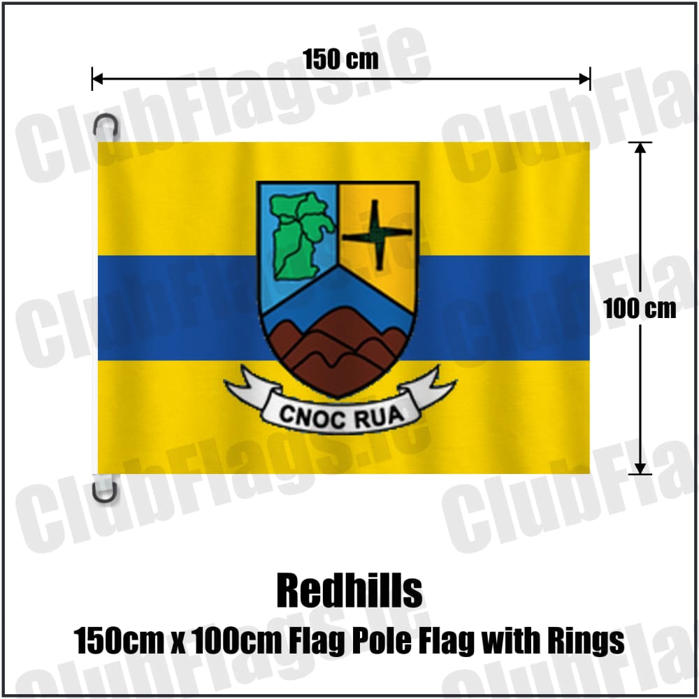 Redhills 150cm x 100cm Flag Pole Flag with Rings in yellow and blue, featuring the club crest on realistic fabric with gentle vertical folds; County Cavan GAA. ClubFlags.ie.