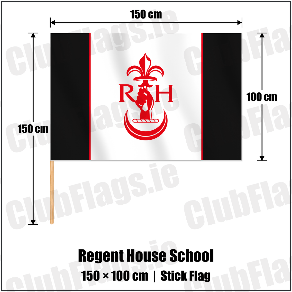Regent House School 100cm x 150cm Stick Flag with the club crest and colours, Down Rugby - ClubFlags.ie