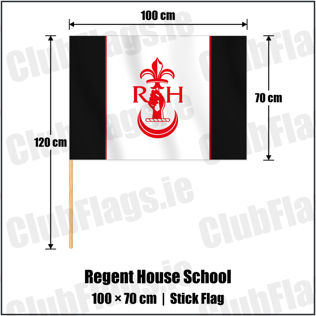 Regent House School 70cm x 100cm Stick Flag with the club crest and colours, Down Rugby - ClubFlags.ie