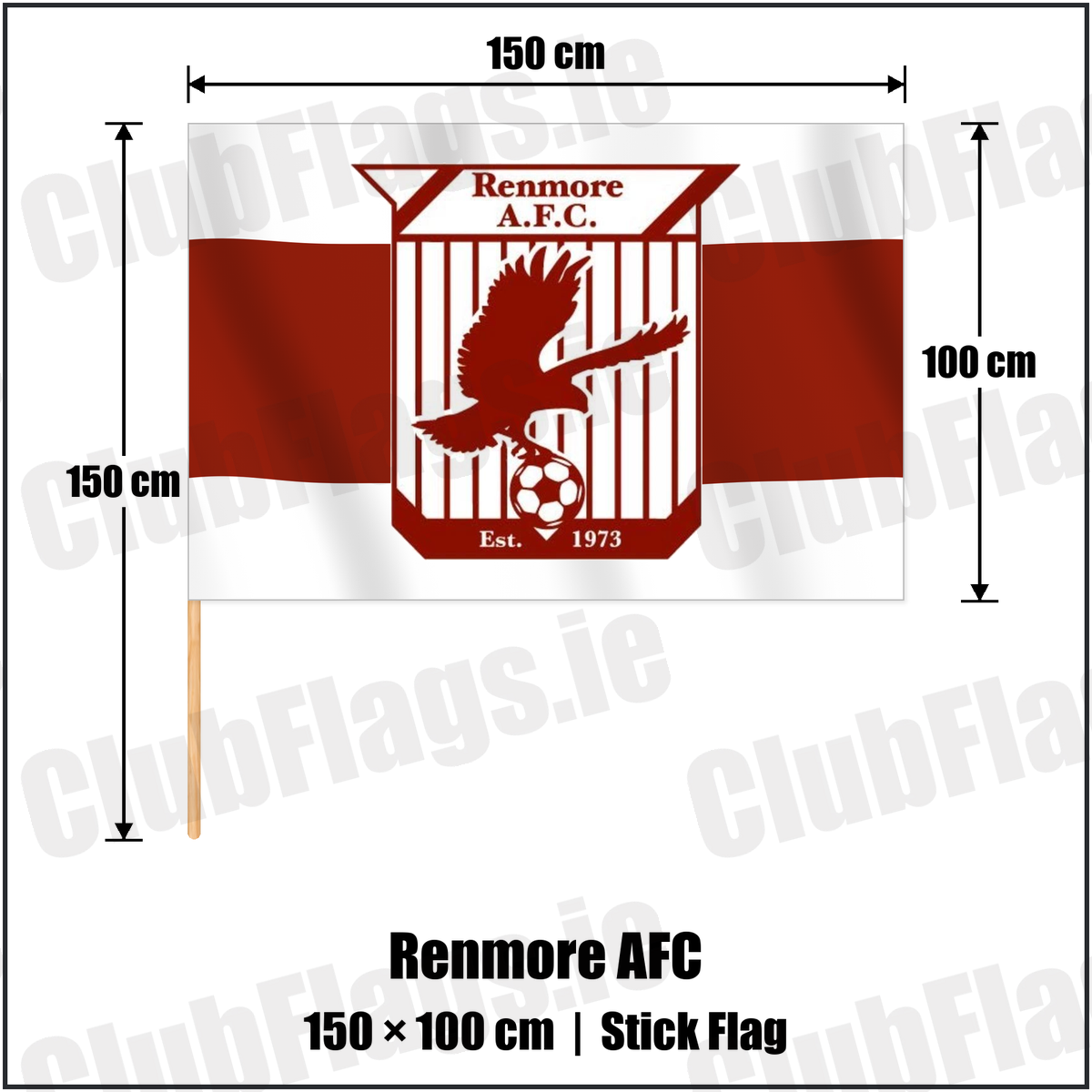 Renmore AFC 100cm x 150cm Stick Flag with the verified club crest and colours, Galway Football - ClubFlags.ie