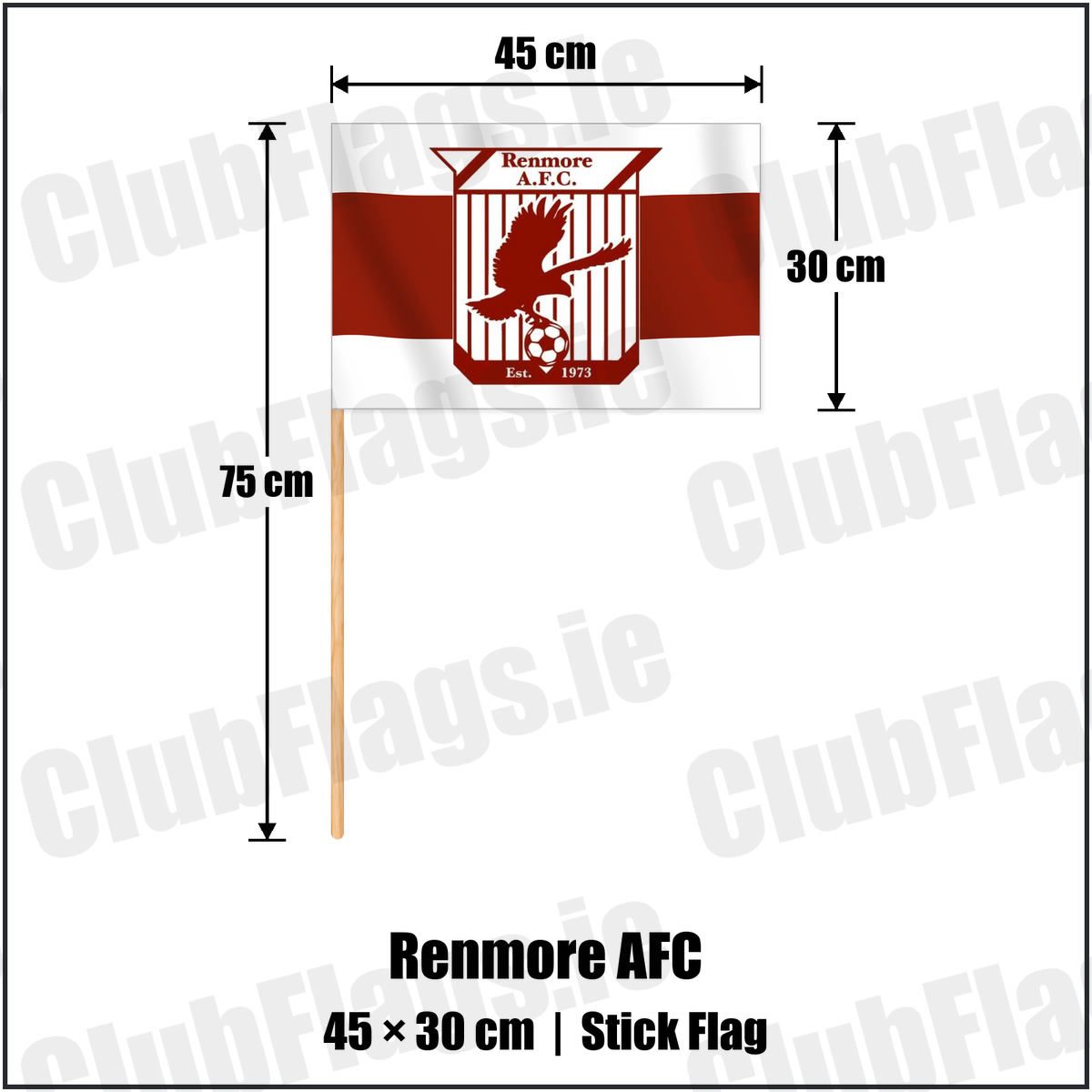 Renmore AFC 30cm x 45cm Stick Flag with the verified club crest and colours, Galway Football - ClubFlags.ie