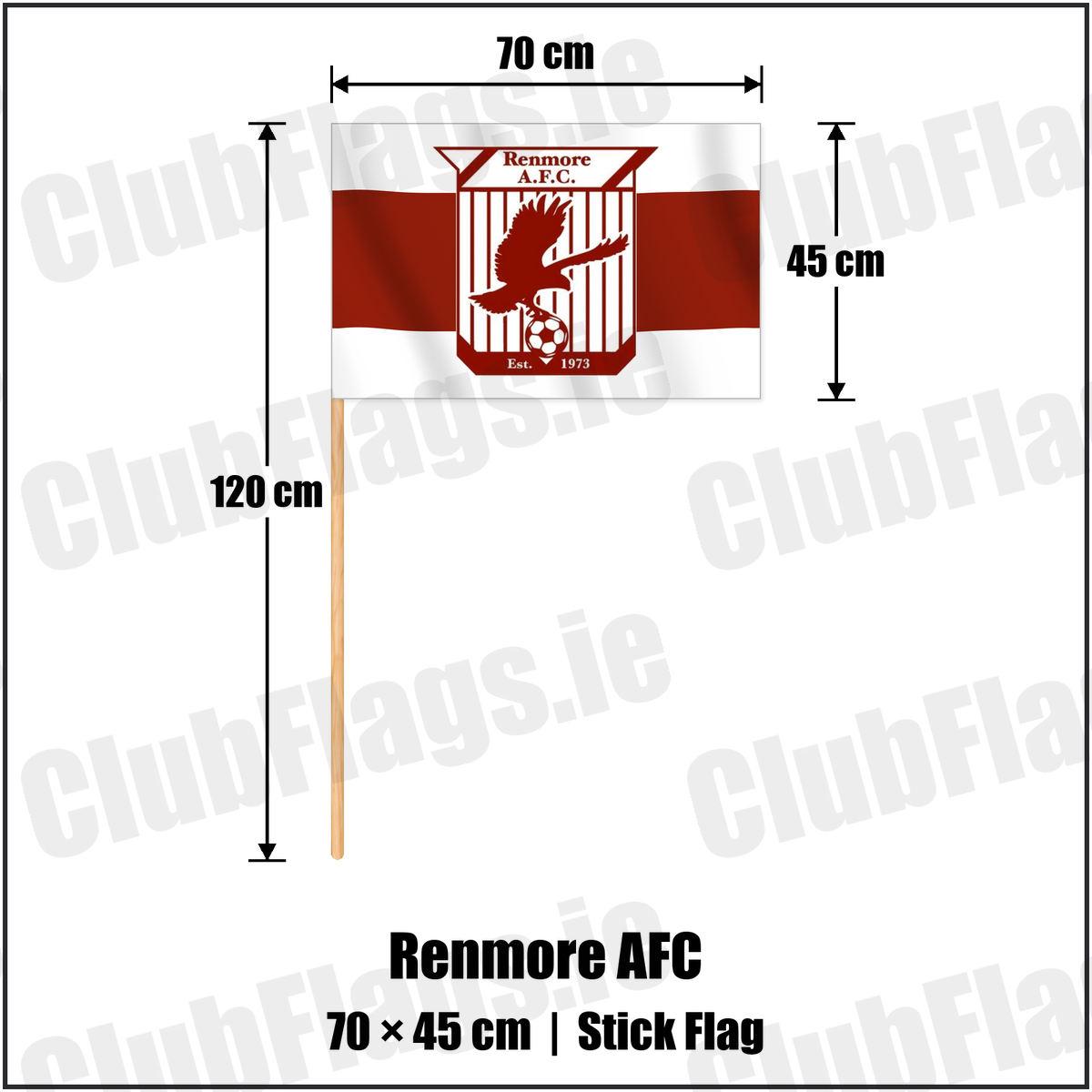 Renmore AFC 45cm x 70cm Stick Flag with the verified club crest and colours, Galway Football - ClubFlags.ie