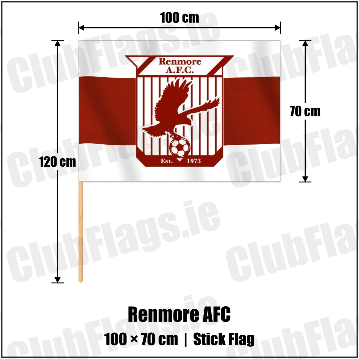 Renmore AFC 70cm x 100cm Stick Flag with the verified club crest and colours, Galway Football - ClubFlags.ie