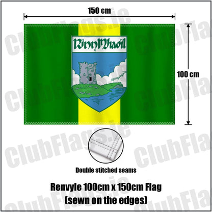 Renvyle 100cm x 150cm Flag (sewn on the edges) in green and yellow, featuring the club crest on realistic fabric with gentle vertical folds; County Galway GAA. ClubFlags.ie.