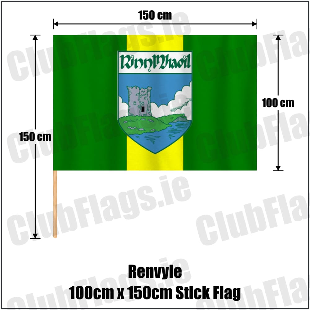 Renvyle 100cm x 150cm Stick Flag in green and yellow, featuring the club crest on realistic fabric with gentle vertical folds; County Galway GAA. ClubFlags.ie.