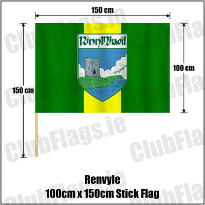 Renvyle 100cm x 150cm Stick Flag in green and yellow, featuring the club crest on realistic fabric with gentle vertical folds; County Galway GAA. ClubFlags.ie.