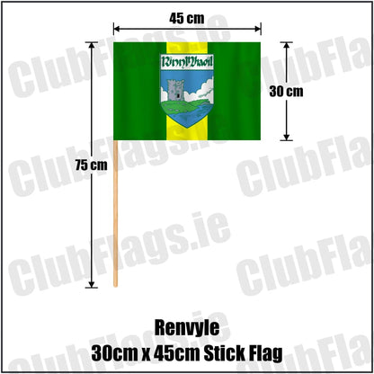 Renvyle 30cm x 45cm Stick Flag in green and yellow, featuring the club crest on realistic fabric with gentle vertical folds; County Galway GAA. ClubFlags.ie.