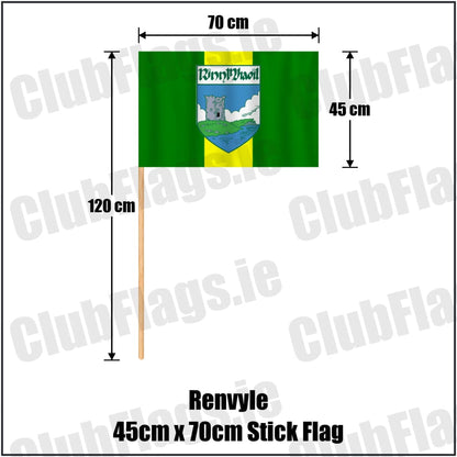 Renvyle 45cm x 70cm Stick Flag in green and yellow, featuring the club crest on realistic fabric with gentle vertical folds; County Galway GAA. ClubFlags.ie.