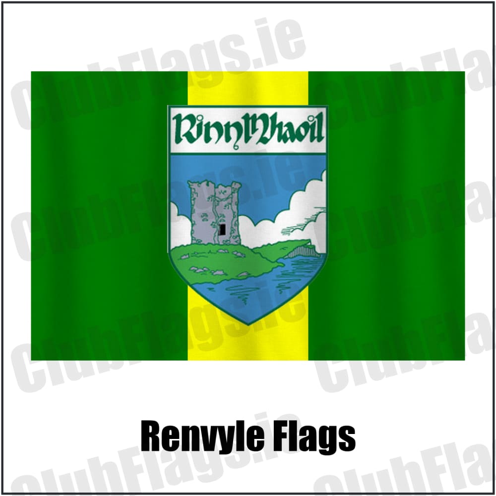 Renvyle Flags in green and yellow, featuring the club crest on realistic fabric with gentle vertical folds; County Galway GAA. ClubFlags.ie.