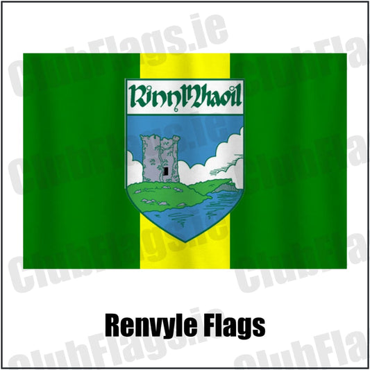 Renvyle Flags in green and yellow, featuring the club crest on realistic fabric with gentle vertical folds; County Galway GAA. ClubFlags.ie.