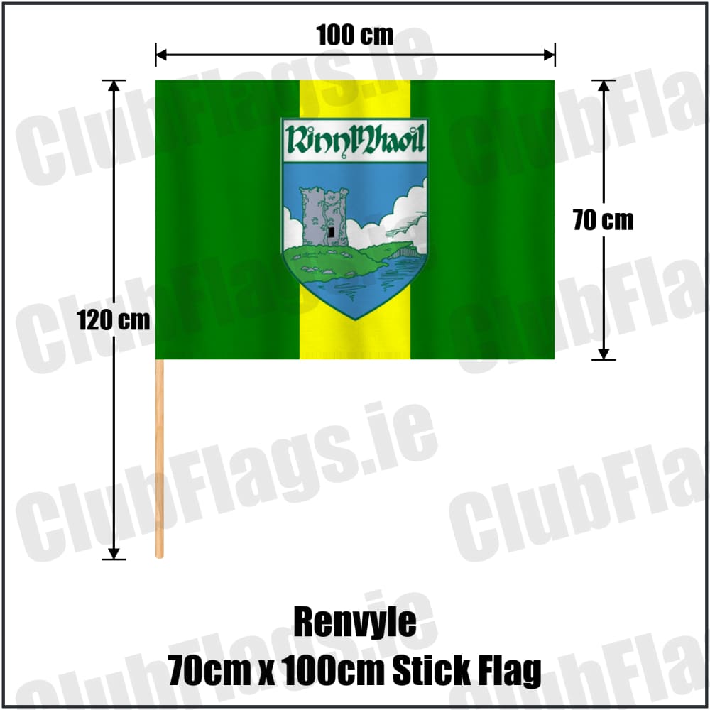 Renvyle 70cm x 100cm Stick Flag in green and yellow, featuring the club crest on realistic fabric with gentle vertical folds; County Galway GAA. ClubFlags.ie.