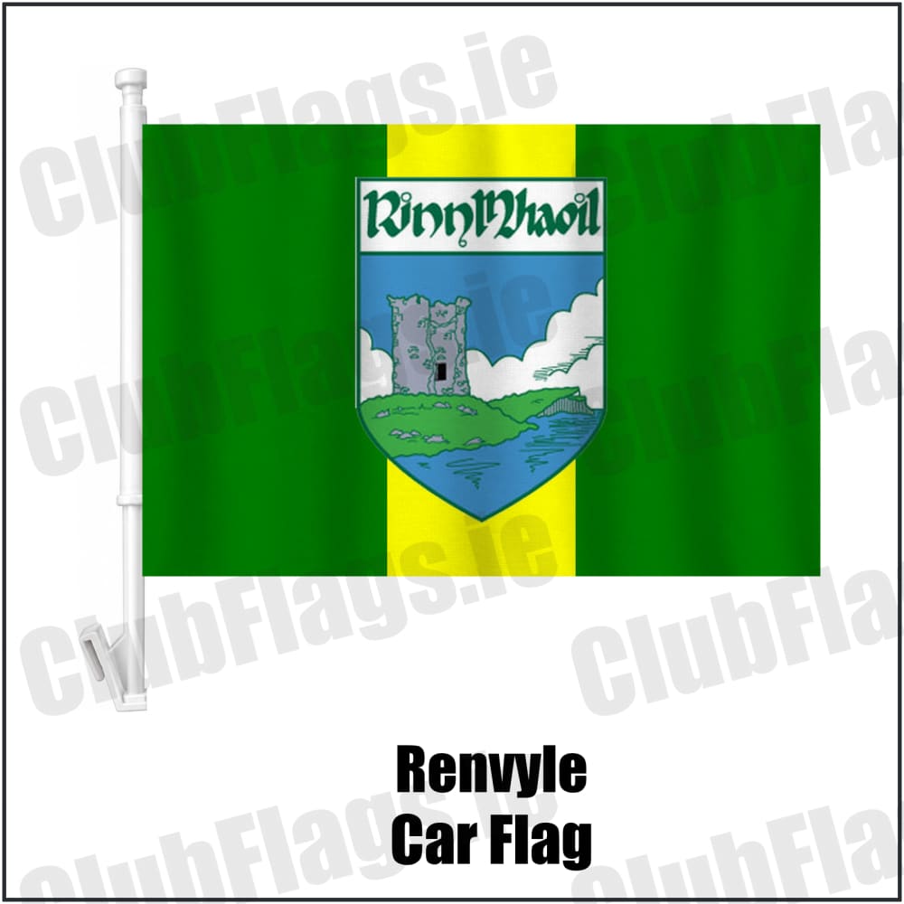 Renvyle Car Flag in green and yellow, featuring the club crest on realistic fabric with gentle vertical folds; County Galway GAA. ClubFlags.ie.
