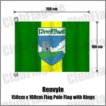 Renvyle 150cm x 100cm Flag Pole Flag with Rings in green and yellow, featuring the club crest on realistic fabric with gentle vertical folds; County Galway GAA. ClubFlags.ie.
