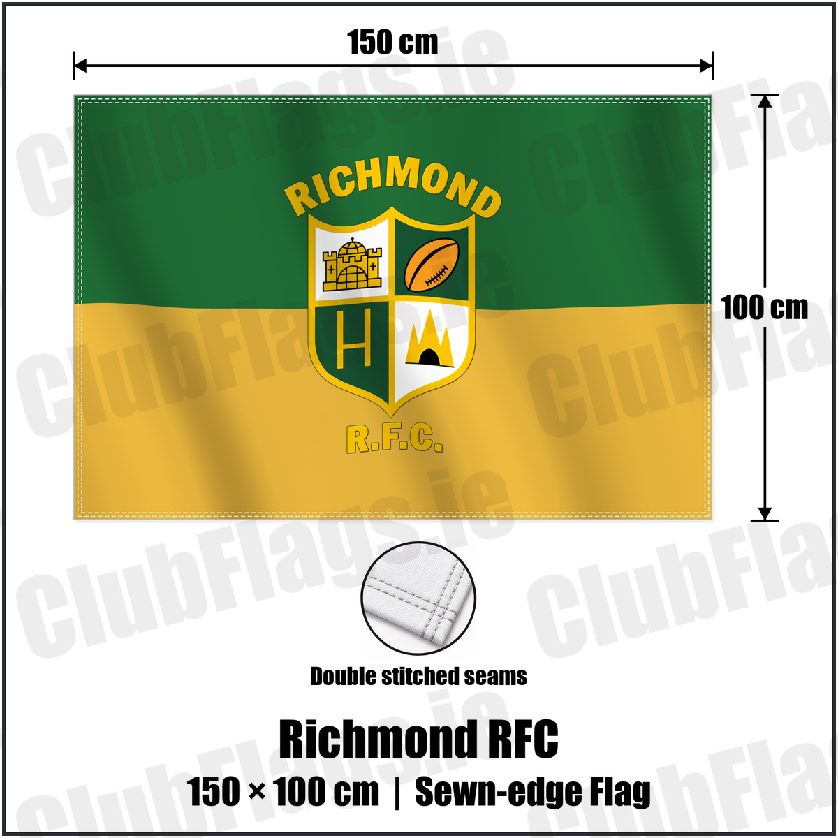 Richmond RFC 100cm x 150cm Flag (sewn on the edges) with the verified club crest and colours, Limerick Rugby - ClubFlags.ie
