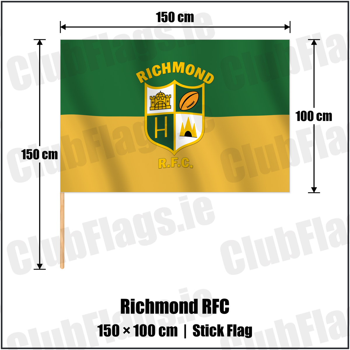Richmond RFC 100cm x 150cm Stick Flag with the verified club crest and colours, Limerick Rugby - ClubFlags.ie