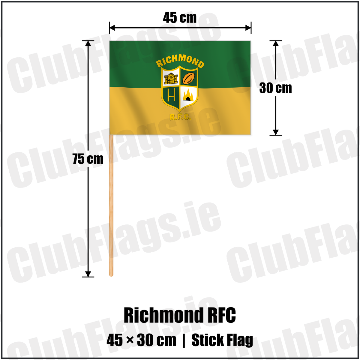 Richmond RFC 30cm x 45cm Stick Flag with the verified club crest and colours, Limerick Rugby - ClubFlags.ie