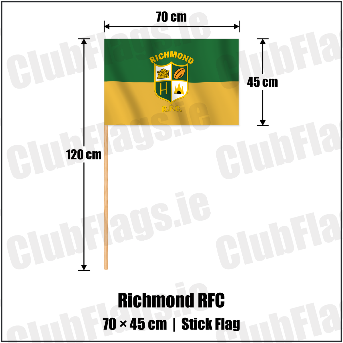 Richmond RFC 45cm x 70cm Stick Flag with the verified club crest and colours, Limerick Rugby - ClubFlags.ie