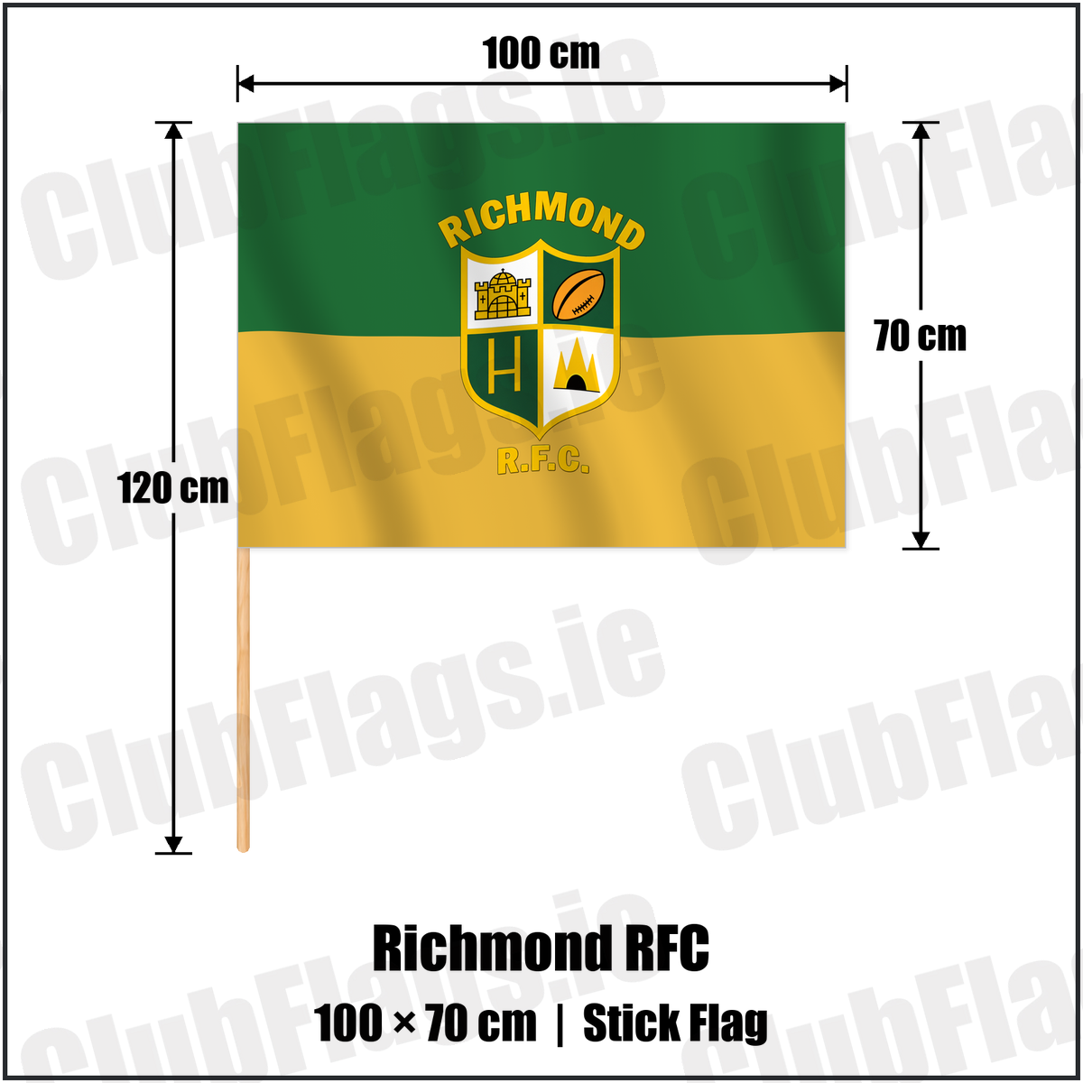 Richmond RFC 70cm x 100cm Stick Flag with the verified club crest and colours, Limerick Rugby - ClubFlags.ie