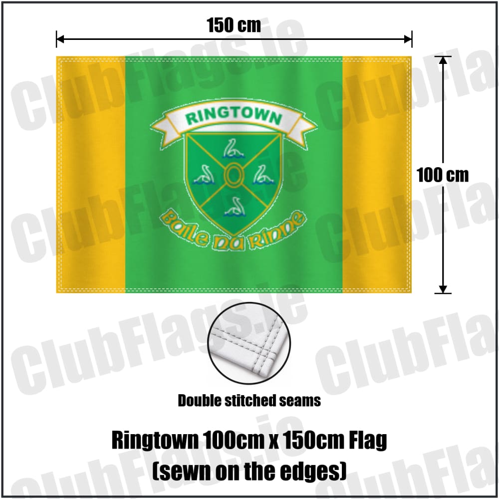 Ringtown 100cm x 150cm Flag (sewn on the edges) in green and gold, featuring the club crest on realistic fabric with gentle vertical folds; County Westmeath GAA. ClubFlags.ie.