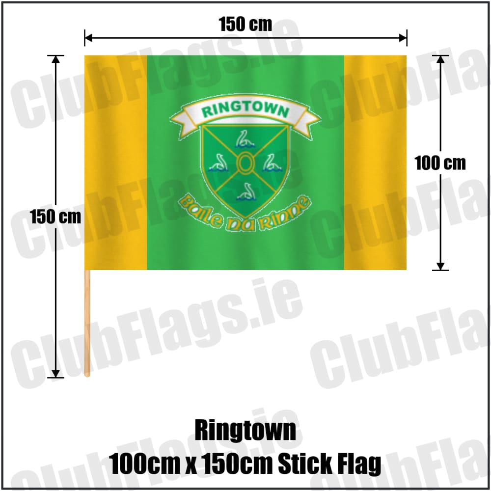 Ringtown 100cm x 150cm Stick Flag in green and gold, featuring the club crest on realistic fabric with gentle vertical folds; County Westmeath GAA. ClubFlags.ie.