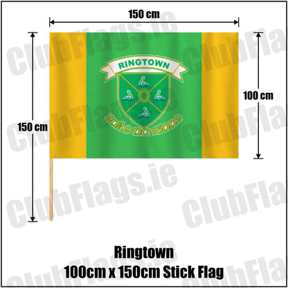 Ringtown 100cm x 150cm Stick Flag in green and gold, featuring the club crest on realistic fabric with gentle vertical folds; County Westmeath GAA. ClubFlags.ie.