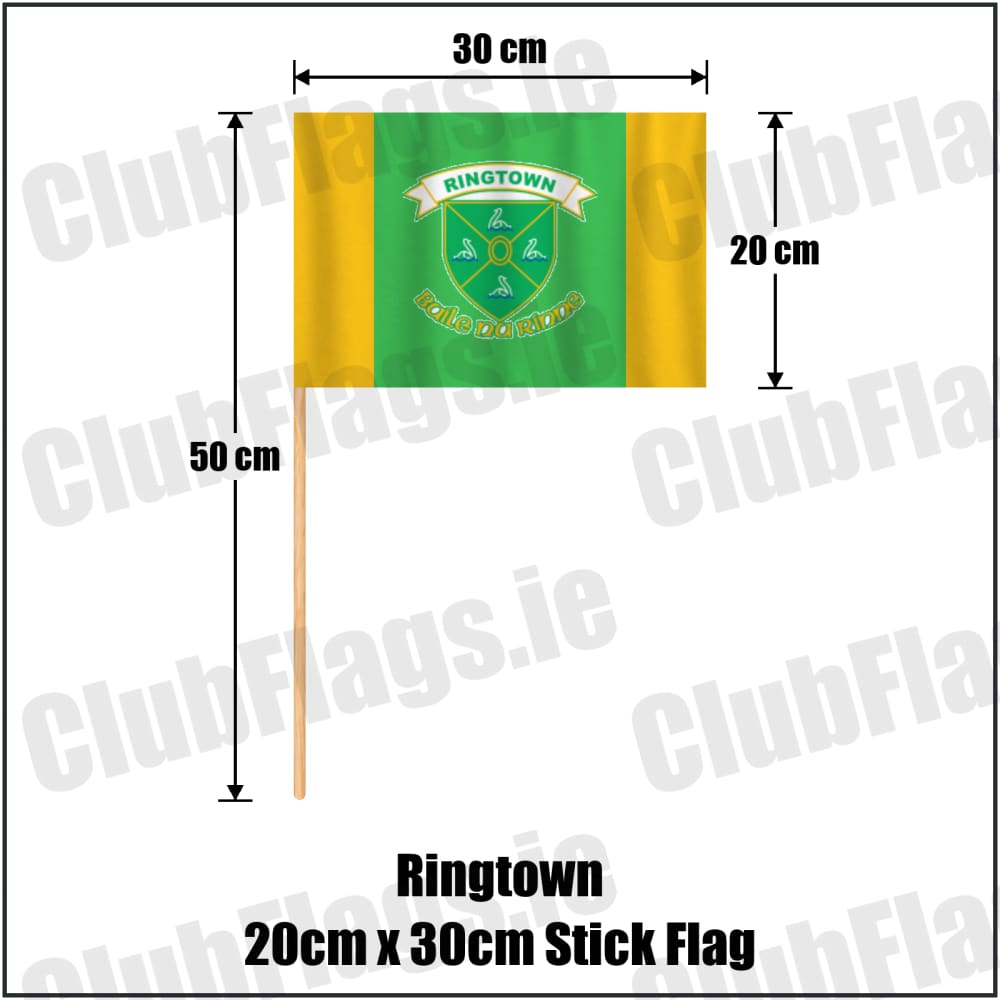 Ringtown 20cm x 30cm Stick Flag in green and gold, featuring the club crest on realistic fabric with gentle vertical folds; County Westmeath GAA. ClubFlags.ie.