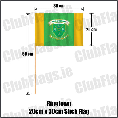 Ringtown 20cm x 30cm Stick Flag in green and gold, featuring the club crest on realistic fabric with gentle vertical folds; County Westmeath GAA. ClubFlags.ie.
