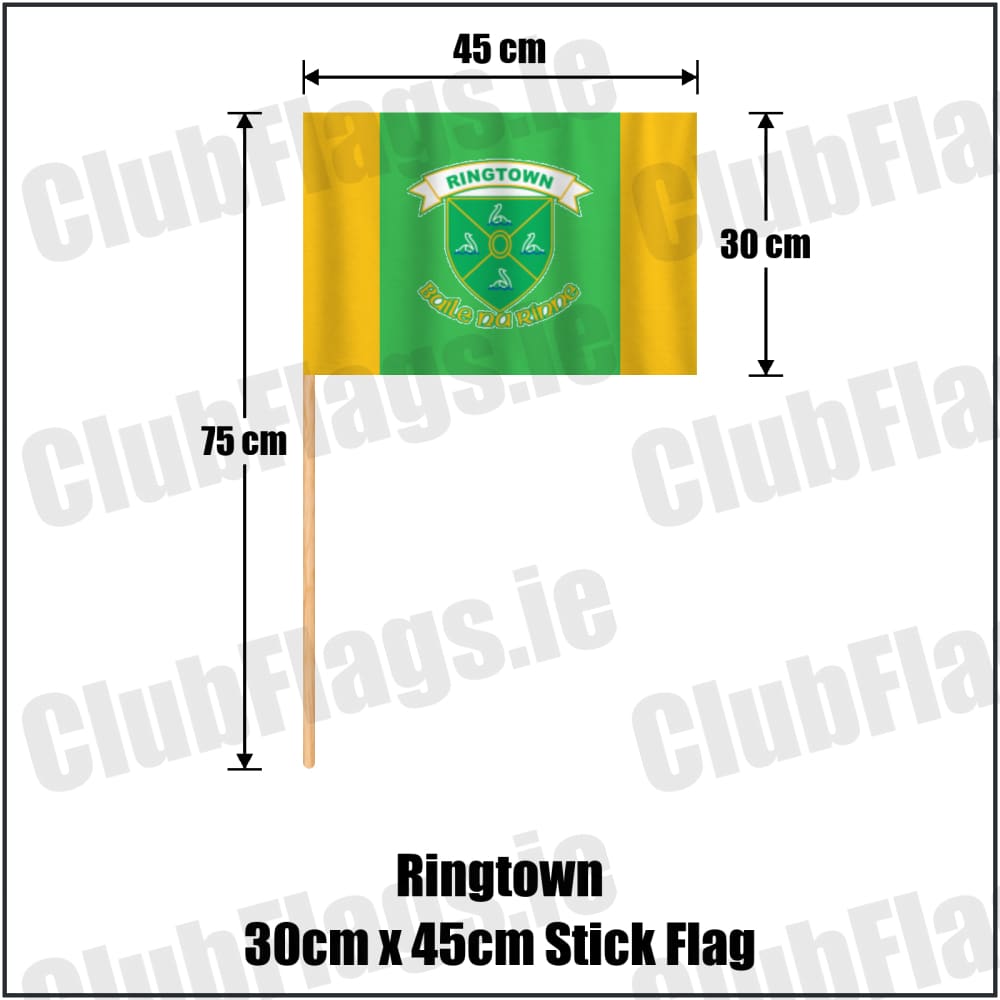 Ringtown 30cm x 45cm Stick Flag in green and gold, featuring the club crest on realistic fabric with gentle vertical folds; County Westmeath GAA. ClubFlags.ie.