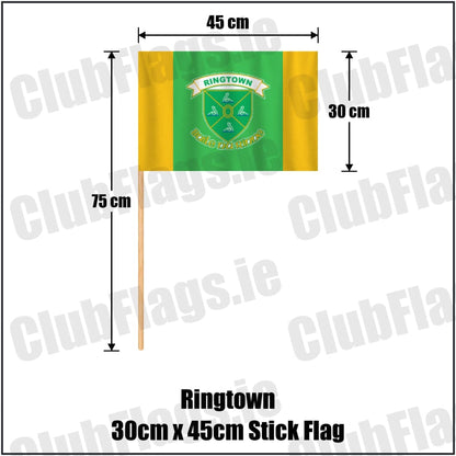 Ringtown 30cm x 45cm Stick Flag in green and gold, featuring the club crest on realistic fabric with gentle vertical folds; County Westmeath GAA. ClubFlags.ie.