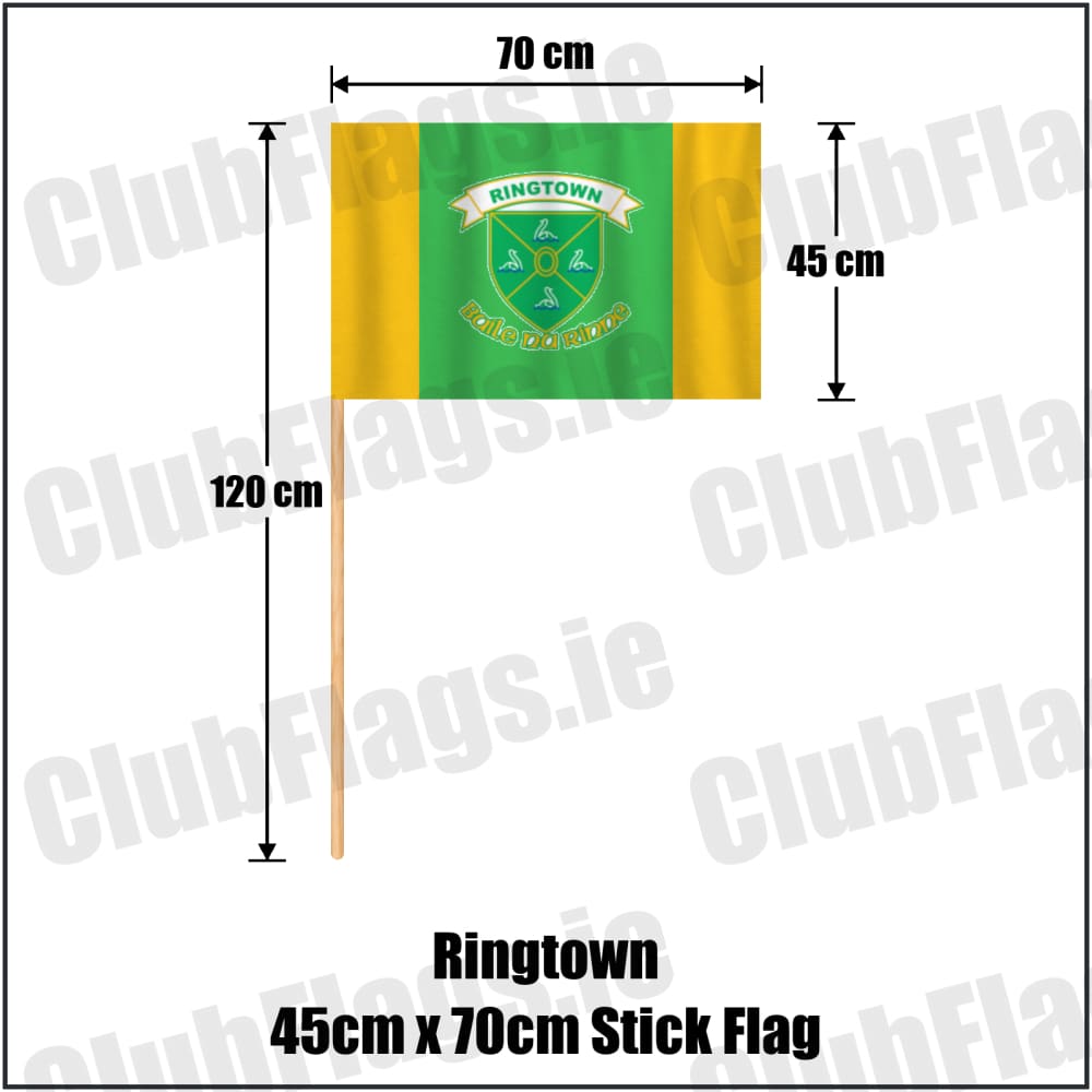 Ringtown 45cm x 70cm Stick Flag in green and gold, featuring the club crest on realistic fabric with gentle vertical folds; County Westmeath GAA. ClubFlags.ie.