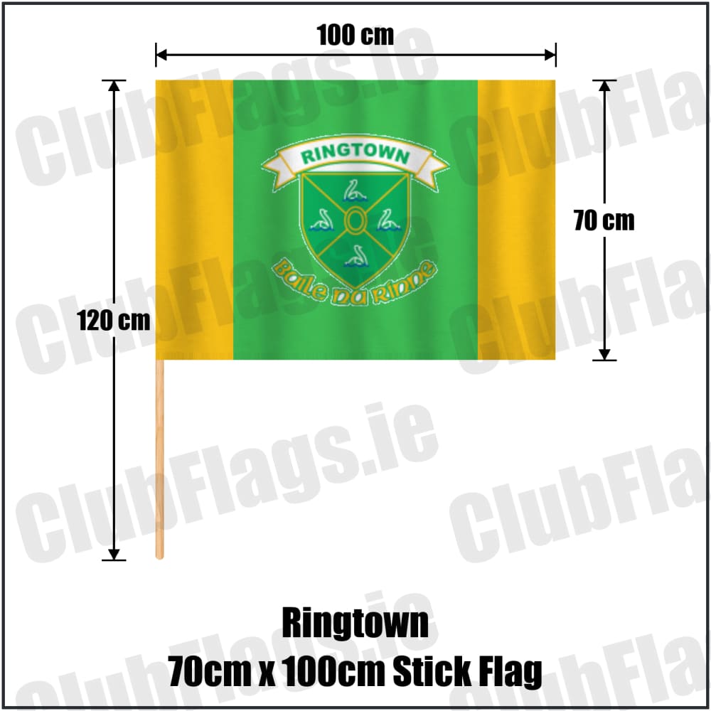 Ringtown 70cm x 100cm Stick Flag in green and gold, featuring the club crest on realistic fabric with gentle vertical folds; County Westmeath GAA. ClubFlags.ie.
