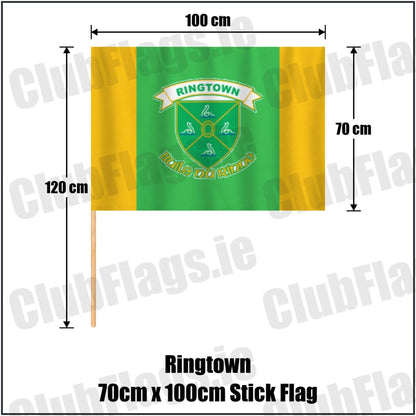 Ringtown 70cm x 100cm Stick Flag in green and gold, featuring the club crest on realistic fabric with gentle vertical folds; County Westmeath GAA. ClubFlags.ie.