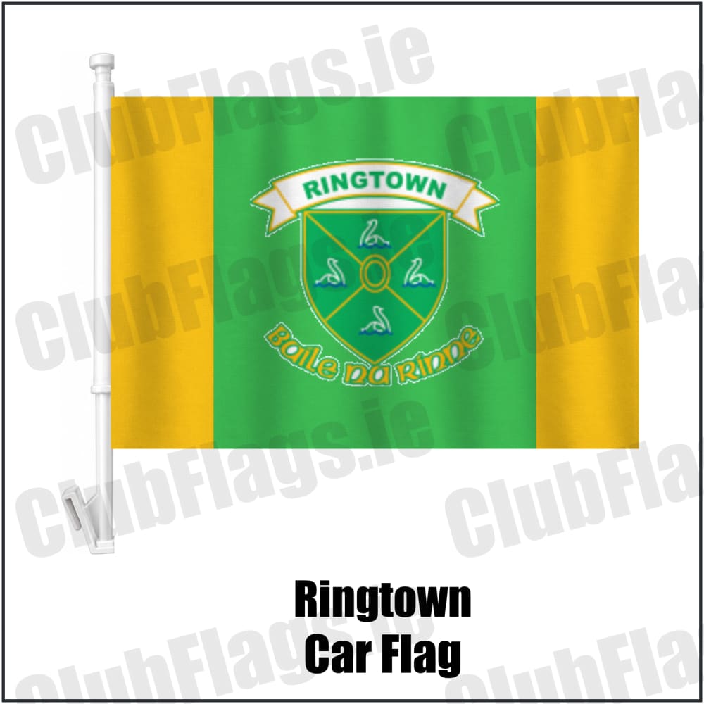 Ringtown Car Flag in green and gold, featuring the club crest on realistic fabric with gentle vertical folds; County Westmeath GAA. ClubFlags.ie.