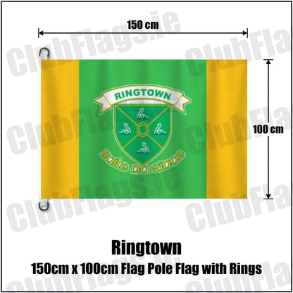 Ringtown 150cm x 100cm Flag Pole Flag with Rings in green and gold, featuring the club crest on realistic fabric with gentle vertical folds; County Westmeath GAA. ClubFlags.ie.