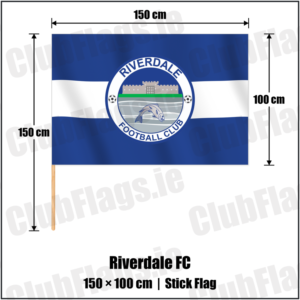 Riverdale FC 100cm x 150cm Stick Flag with the club crest and colours, Tyrone Football - ClubFlags.ie