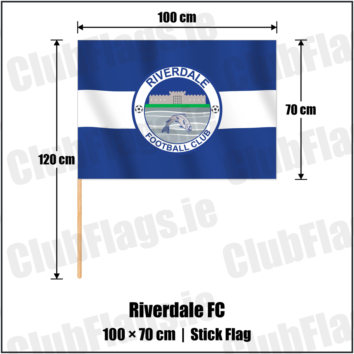 Riverdale FC 70cm x 100cm Stick Flag with the club crest and colours, Tyrone Football - ClubFlags.ie