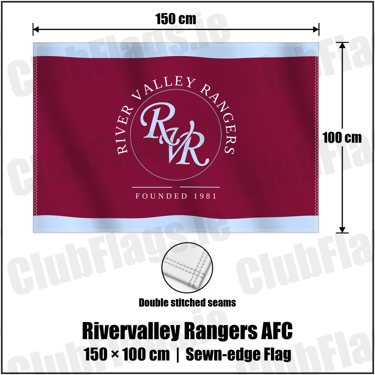 Rivervalley Rangers AFC 100cm x 150cm Flag (sewn on the edges) with the club crest and colours, Dublin Football - ClubFlags.ie