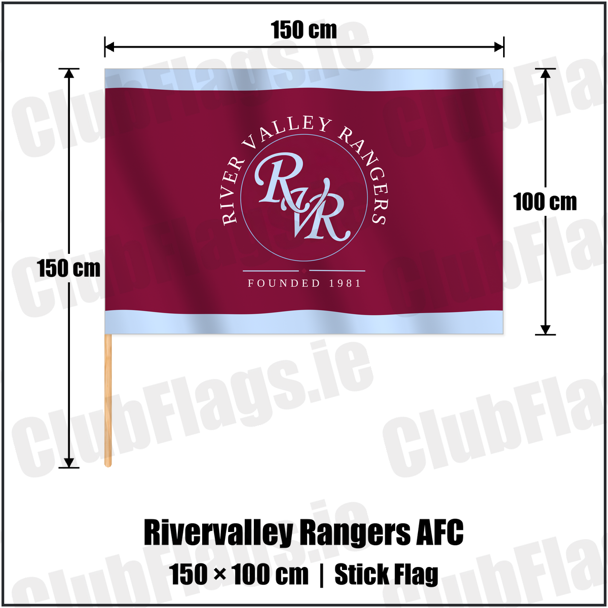 Rivervalley Rangers AFC 100cm x 150cm Stick Flag with the club crest and colours, Dublin Football - ClubFlags.ie