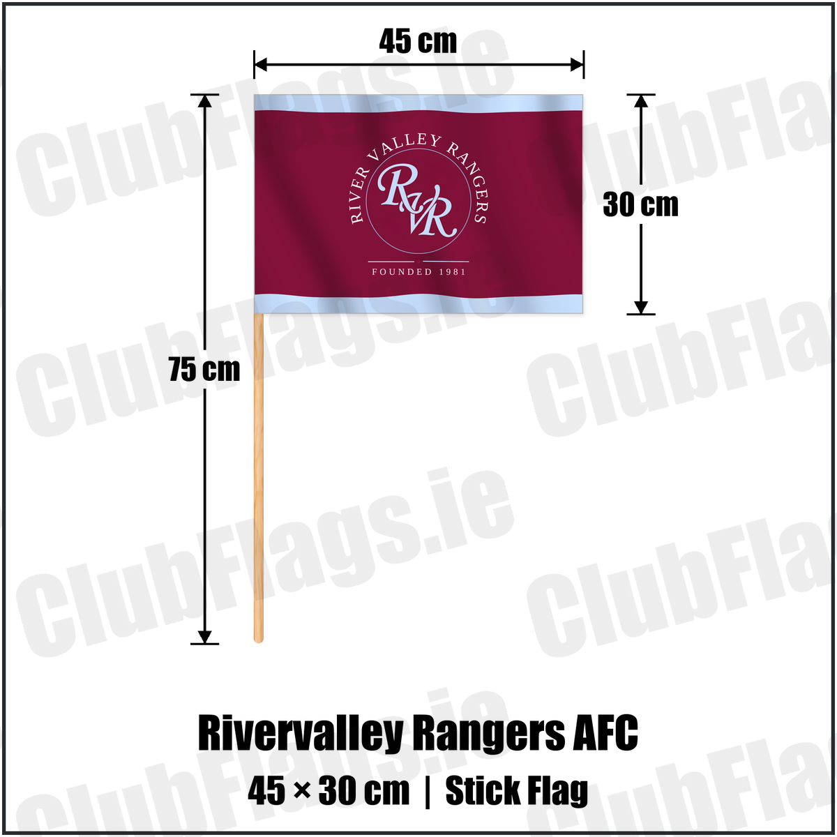 Rivervalley Rangers AFC 30cm x 45cm Stick Flag with the club crest and colours, Dublin Football - ClubFlags.ie