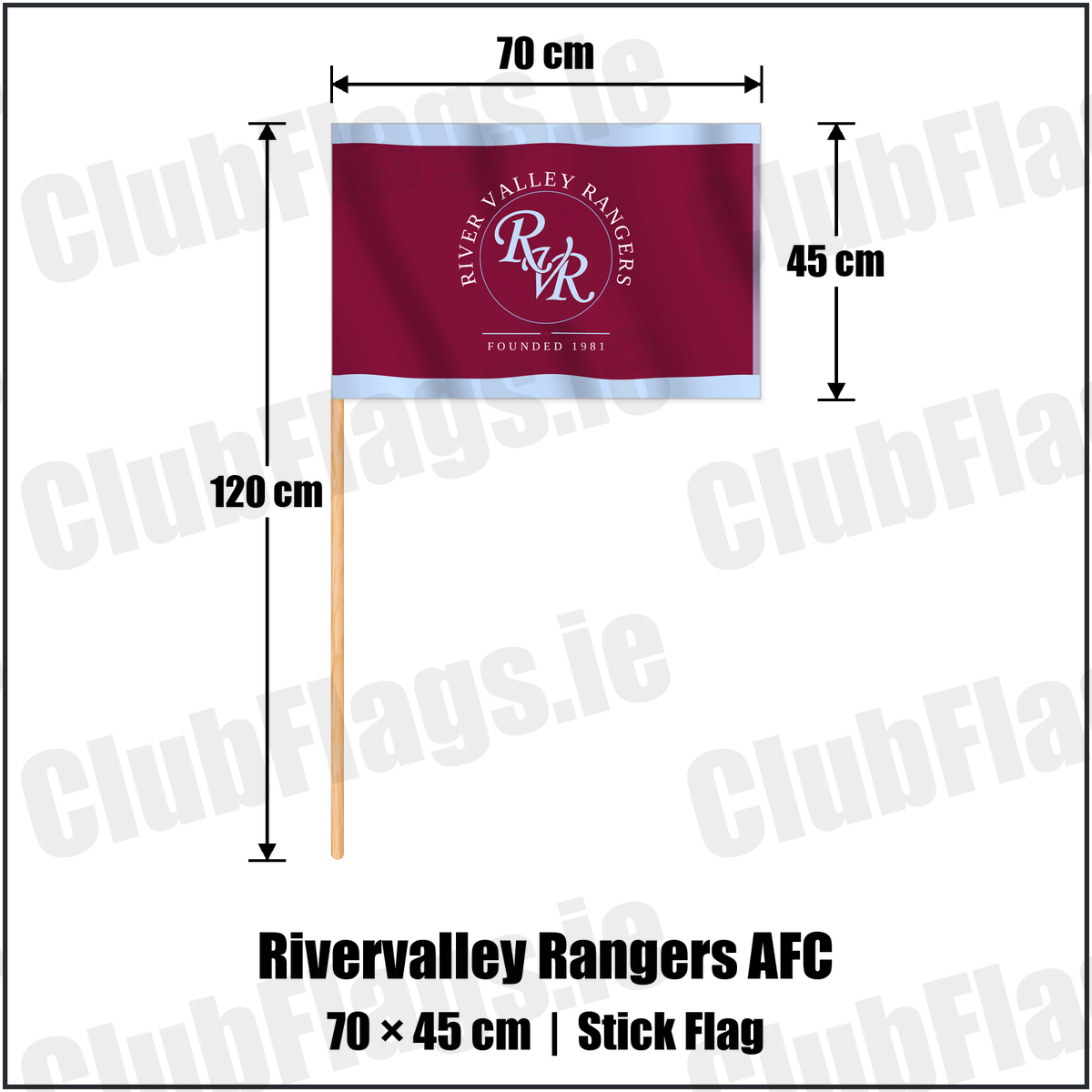Rivervalley Rangers AFC 45cm x 70cm Stick Flag with the club crest and colours, Dublin Football - ClubFlags.ie