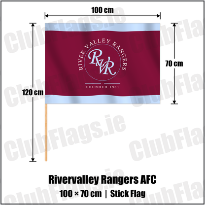 Rivervalley Rangers AFC 70cm x 100cm Stick Flag with the club crest and colours, Dublin Football - ClubFlags.ie