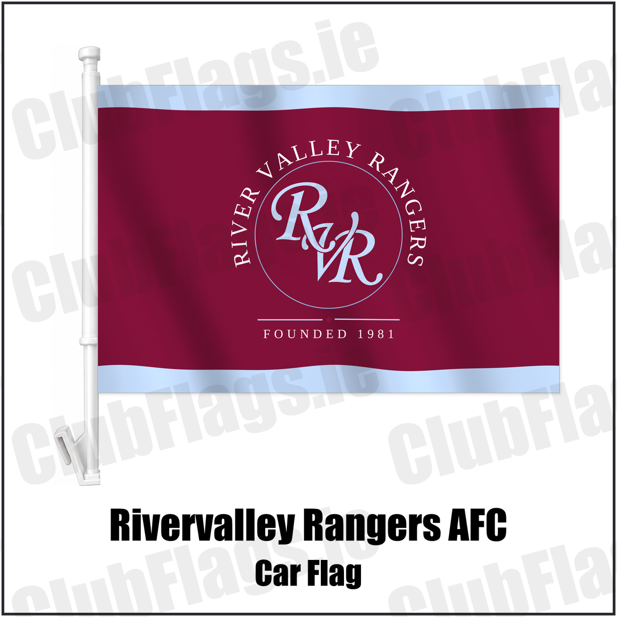Rivervalley Rangers AFC Car Flag with the club crest and colours, Dublin Football - ClubFlags.ie
