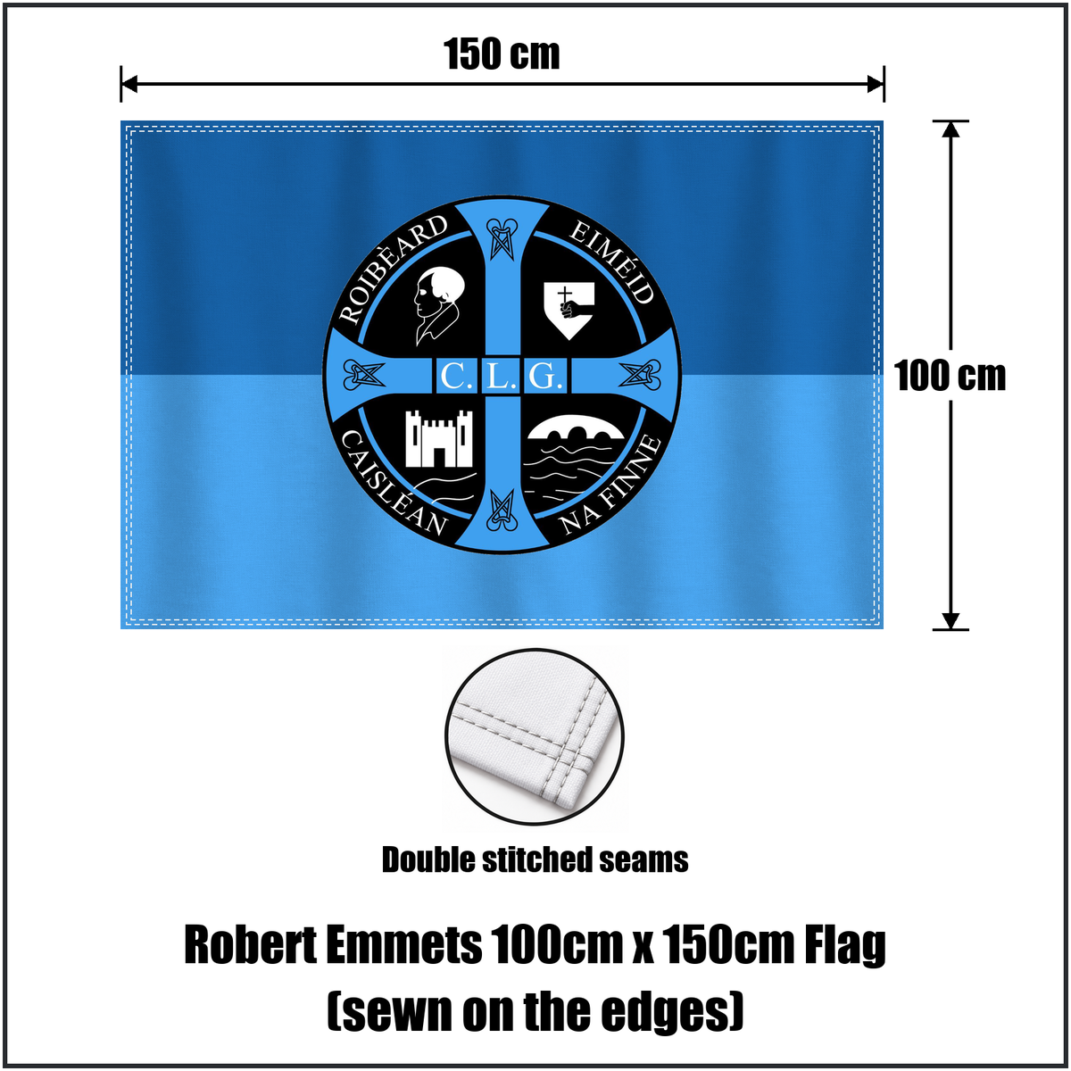 Robert Emmets 100cm x 150cm Flag (sewn on the edges), featuring the club crest and light blue and dark blue colours; County Donegal GAA. ClubFlags.ie.