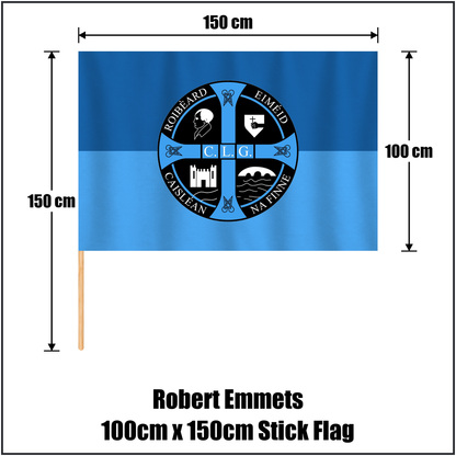Robert Emmets 100cm x 150cm Stick Flag, featuring the club crest and light blue and dark blue colours; County Donegal GAA. ClubFlags.ie.