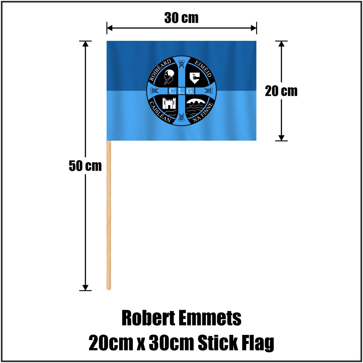 Robert Emmets 20cm x 30cm Stick Flag, featuring the club crest and light blue and dark blue colours; County Donegal GAA. ClubFlags.ie.